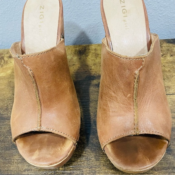 ZIGI Girl Tan  Leather Studded Wood Platform Clog Heeled Mules Womens Size 8.5 main image 7